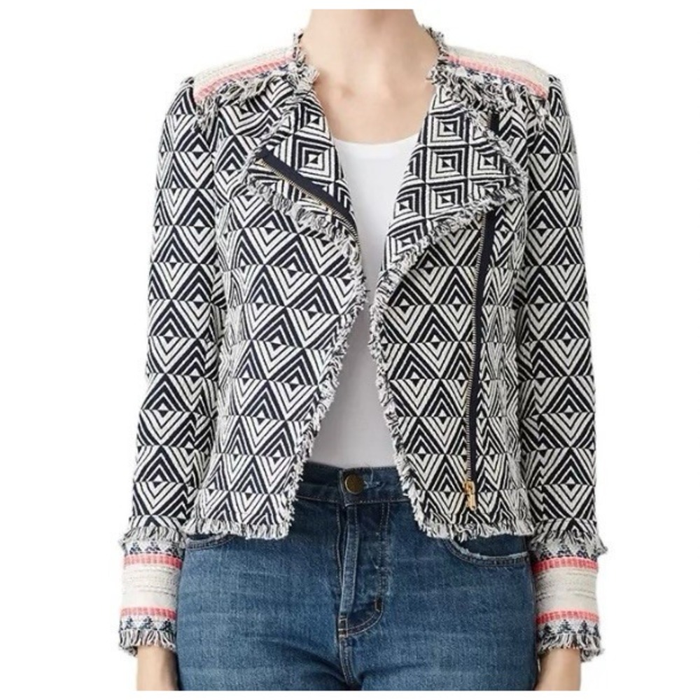 Trina Turk‎ Geometric Jacquard Moto Boho Jacket Navy White Neon Pink Fringe SZ 2